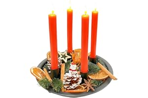 SUNXBUK Corona de Adviento con Velas,Corona de Adviento en Metal Negro 23,7x23,7x3.5 cm con 4 Velas,Corona de Navidad con Rodajas de Naranja Seca Canela Aguja de Pino Bayas Artificiales para Navideña Wreath