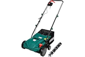 SAKUSEI Tools Electric Lawn Scarifier/Rake/Aerator 1500w Dethatching Grass Racking, Moss Dead Leave Removal, Soil Aerater, 30 Litre Collection Bag, 10m Power Cable, 4 Cutting heights, 32cm Width.