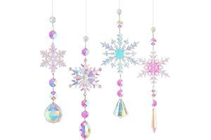 YEAHBOOM Sonnenfänger Kristall Windspiel,4 Stück Schneeflocke Kristall Anhänger Deko,Bunte Schneeflocken Regenbogen Sonnenfänger Kristal,Fensterdeko Hängend für Zuhause Büro Garten Outdoor Deko