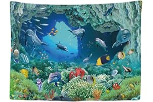 Ulticool – Tapisserie Murale Décorative Chambre - Dauphin Poisson Aquarium Plantes Corail Mer - 200 x 150 cm Grand – Papier Peint Tissu – Tapestry Aesthetic Wall - Décoration Panoramique