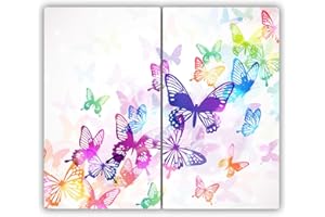Tulup Tagliere Vetro Temperato - 2x30x52cm - Copri Piano Cottura - Farfalle Colorate