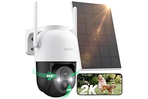 Jeeber【Mai Senza Potere 2K 360° Telecamera Wi-fi Esterno Senza Fili con Pannello Solare & Batteria, Visione Notturna a Colori 30m, Allarme Sonoro/Luminoso, Rilevamento Umano PIR, Impermeabile IP66