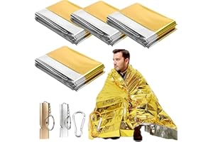 DYIOUXIN Manta de Rescate,Mantas de Emergencia,140x210cm Manta Termica Supervivencia,Manta Termica Oro Plata,Mantas Reflectantes de Supervivencia,con Silbato y Mosquetón,para Exteriores,Senderismo,4 Piezas