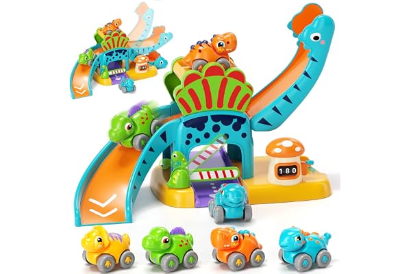 Jeu de Voitures Dinosaures avec Circuit à Toboggan - Jouet Éducatif 1 2 3 Ans - Développe Motricité & Créativité - Cadeau Enfant 12+ Mois Garçons
