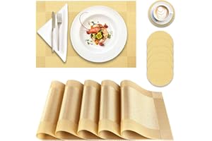Panngu Place Mats, Simple Table Place Mats and Coasters Sets of 6 - Premium Heat Resistant Washable Tableware Square Dining Table Mats (18"X12" Gold)