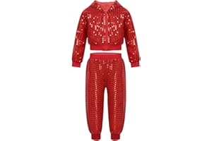 Choomomo Kids Boys Girls Shiny Sequined Long Sleeve Hooded Jacket Coat Tops Pants Set for Hip-hop Jazz Dance Costumes