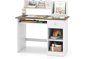 COSTWAY Bureau Enfants en Bois avec Etagères & Niche, Bureau d'Etude Enfants avec Plateau à Clavier, Dispositif Anti-basculement & Patins Antidérapants, Charge 100kg, 90x45x90cm (Naturel)
