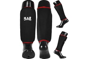 MAR INTERNATIONAL Shin Guard with Elasticated Slip-on Fabric & Layered Foam Padding for Karate, Taekwondo, Judo, Boxing, Kickboxing, Thai Boxing & More – Machine Washable