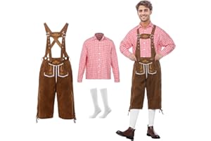 Harsever Costume Oktoberfest Homme,Tenue Costume Bavaroise Homme 3pcs Lederhosen avec Chaussettes Chemise Carreaux,Vêtements Traditionnels Hommes pour Halloween Oktoberfest 2025