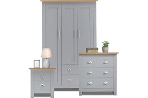 Blisswood 3 Piece Bedroom Furniture Set, 3 Door 2 Drawers Wardrobe, 2+2 Storage Drawer Chest Of Drawers, 2 Drawers Bedside Cabinet, Modern Bedroom Furniture Storage Sets, Grey & Oak
