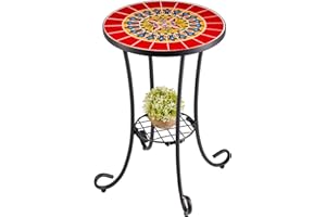VONLUCE Table de Jardin de Style Mosaïque, Table de Jardin Ronde, Table d'Appoint en Mosaïque de Pierre de Dia. de 35,5CM (2 Etages, Rouge)