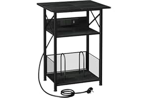 AMHANCIBLE Record Player Stand with Charging Station, 3-Tier Bedside Table with Extra-Large Desktop and Storage Cabinet, Vinyl Record Stand Hold Up to 100 Albums for Living Room, Black HETCD012BK-1