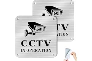 SINMAO 2 Pack CCTV In Operation Sign Outdoor Metal with Self-adhesive and Pre-Drilled Holes, Small CCTV Window Sign for Camera or Security Camera Waterproof Sticker-Aluminium Brushed 10×10cm