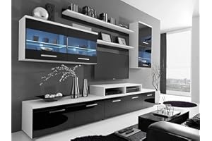 ‎LUKMEBEL lukmebel Wohnwand BETA Weiß Hochglanz Schrankwand Anbauwand Mediawand TV-Schrank mit LED-Beleuchtung Wohnzimmerschrank Wohnzimmer (Schwarz Hochglanz)