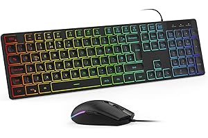 ASHU Wired Backlit Keyboard and Mouse set, Rainbow LED Gaming Keyboard and Mouse Combo, Quiet RGB Keyboard Mouse Combo for PC Gamers Office, Full-Size UK layout