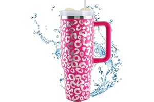 GAWENTINY 40 oz Reisebecher mit Strohhalm und Deckel, Doppelter Vakuumisolierter Kaffeebecher aus Edelstahl mit Henkel, 1182ml Thermobecher mit Strohhalm(Rosa Leopard)