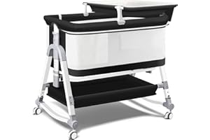 Uuoeebb 4 in 1 Bedside Crib, Bassinet, Baby Crib with Changing Table, Baby Bassinet with Wheels, Travel Cot with Mattress Included, Five Level Height Adjustable Baby Cribs for Newborn (Mesh)