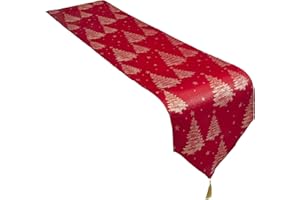 Celebright Christmas Tasselled Table Runner - 13 x 96 Inches (33 x 244cm) - Ideal Xmas Dinner Table Decorative Settings - Metallic Christmas Tree Embossed Design - Red & Metallic Gold