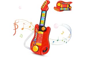 SNADER Gitarre Kinder Spielzeug & Klavier Spielzeug,2 in 1 Kinder Gitarrenspielzeug,multifunktionales Instrumentenspielzeug,Klavier Lernspielzeug mit Liedern,Berührungssensor Licht und Gurt
