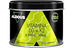 ALDOUS BIO Vitamina D3 y K2 4000 UI - 250 comprimidos + 8 meses - Vitamina K2 100mcg - Vitamina D Colecalciferol - Vitaminas para el sistema inmunitario y defensas - Músculos, Huesos - Mejora absorción Calcio