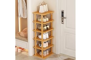 HshDUti 6-poziomowy pionowy stojak na buty, bambusowy wąski stojak na buty, oszczędzająca miejsce narożna półka na buty, wysoka wieża na buty, wolnostojący do wejścia, montaż bez narzędzi, żółty