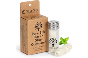 GAIA GUY Natural Silk Dental Floss with Refillable Glass Container | Free Refill | Natural Candelilla Wax | 33yds x 2 | Peppermint | Eco-Friendly Zero Waste Oral Care (One Size, Peppermint)