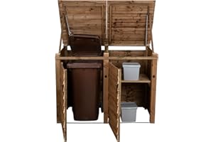 ARBOR GARDEN SOLUTIONS Wheelie bin storage pressure treated garden recycling store lid shed outdoor trash cover (Double, With recycling shelf, Brown)