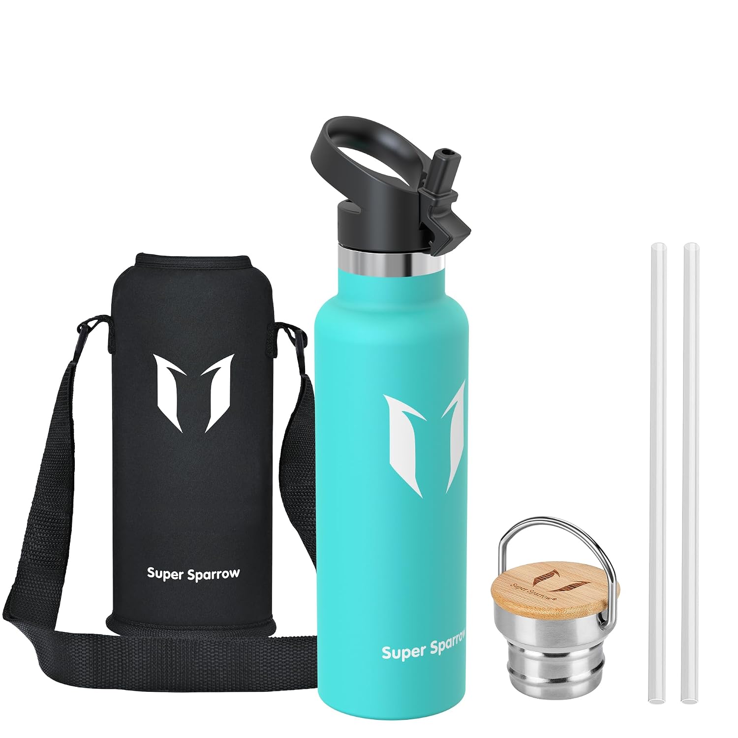 Sparrow Botella Agua Acero Inoxidable 500ml &750ml &1L- Botella con Pajita | Sin BPA & Fugas, Lavavajillas, Deporte, Gimnasio, Oficina, TwistTrail Botella Termica Tapa Pajita,Tapa Asa & Funda