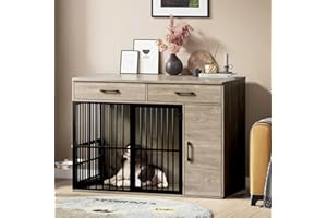 Hello-5ive Dog Crate Furniture,Large Wooden Dog Crate with Drawers, Side Cabinet & 360°Rotating Bowls,Indoor Heavy Duty Dog Kennel with Double Doors,End Table Style, 120x60x86cm - Grey