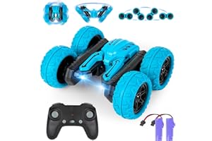 Highttoy Macchina Telecomandata per Bambini, 2.4GHz 4WD Auto Telecomandata con 2 Batterie Ricaricabili RC Macchina Acronazia Rotazione a 360° Auto Giocattoli per Bambini 5 6 7 8 9 10 Anni Regalo Blu