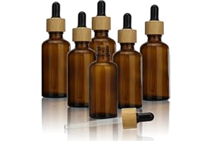 COSIDEA 6 botellas redondas vacías de 50 ml con cuentagotas de aceite de vidrio ámbar para botellas de aceite de esencia de suero con tapa de bambú (punta negra)