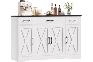 ‎HOCSOK HOCSOK Sideboard, 140 cm Breit Küchenschrank mit 2 Verstellbaren Regalen, Buffetschrank mit 3 Schubladen 4 Türen, Küchenbuffet für Wohnzimmer, Küche, Flur, Weiß &Schwarz