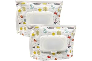 ALKAIDCHAO 2 Pack Small Size Portable Wet Wipe Pouch Container (7’’ x 5.4’’), Reusable & Refillable Baby Wipes Case Holder, Eco Friendly Handy Travel Diaper Wipes Carrying Dispenser (Small Boat)