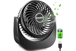 KOOFIT Ventilateur de Bureau USB, Ventilateur Silencieux, Mini Ventilateur Puissant, Ventilateur de Table à 3 Vitesses, Ventilateur Portable avec Batterie Rechargeable 4000 mAh, Rotation à 360°