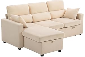 ‎HOMCOM HOMCOM Ecksofa mit Schlaffunktion L-Form Sofa Couch mit Bettkasten, Kissen, 3-Sitzer Wandelbare Eckcouch mit Cordoptik für Wohnzimmer, Gästezimmer, Beige
