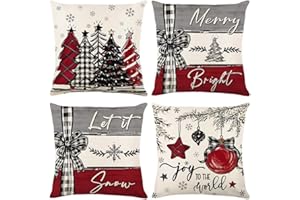 FENGRISE 4 Cuscini Natalizi per Divano, Copricuscino Natalizio 45x45, Lino Federe Natalizie con Motivi Alberi di Natale, Fiocchi e Campanelle Natalizie, Addobbi Natalizi per La Casa, Idea Regalo,Addobbi Natale