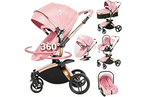 Magic ZC 360° Rotación Cuero PU Carrito Bebe 3 en 1, Carro 3 Piezas con Asiento Convertible Giratorio 360°, Carricoche Bebe Plegado con Un Solo Clic, Cochecito Tres Piezas (906 Pink)