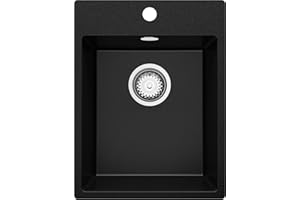 PRIMAGRAN Fregadero Cocina Negro 38x50cm, Granito 1 Seno + Sifón, Sobre encimera al mueble 40cm - Riga S001