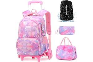VOICI ET VOILA 4pcs Mochilas Escolares con Ruedas Carro para Mochilas Escolares Niña Grande Bolsas Escolares 6 Ruedas Trolley Bag Mochila Infantil Rosa 30x20x42cm