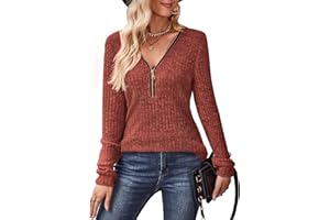 Gemulate Womens Long Sleeve Tops Ladies Lightweight Knit Jumpers V Neck Zipper Sweaters Casual Striped Sweatshirts Tshirt