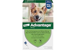 Elanco Advantage® Spot-On 400 für große Hunde von 25 bis 40 kg Körpergewicht, schnelle Bekämpfung und Schutz von Flöhen bis zu 4 Wochen, einfache Spot-on-Anwendung, 4 Pipetten mit 0,4 ml Lösung