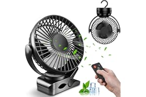 EHIOG Tragbarer Mini Ventilator mit 8000mAh Akku, 360° Drehung, Clip Ventilator mit LED Licht & Fernbedienung, USB Tischventilator für Camping, Büro, Zuhause, Angeln – Schwarz