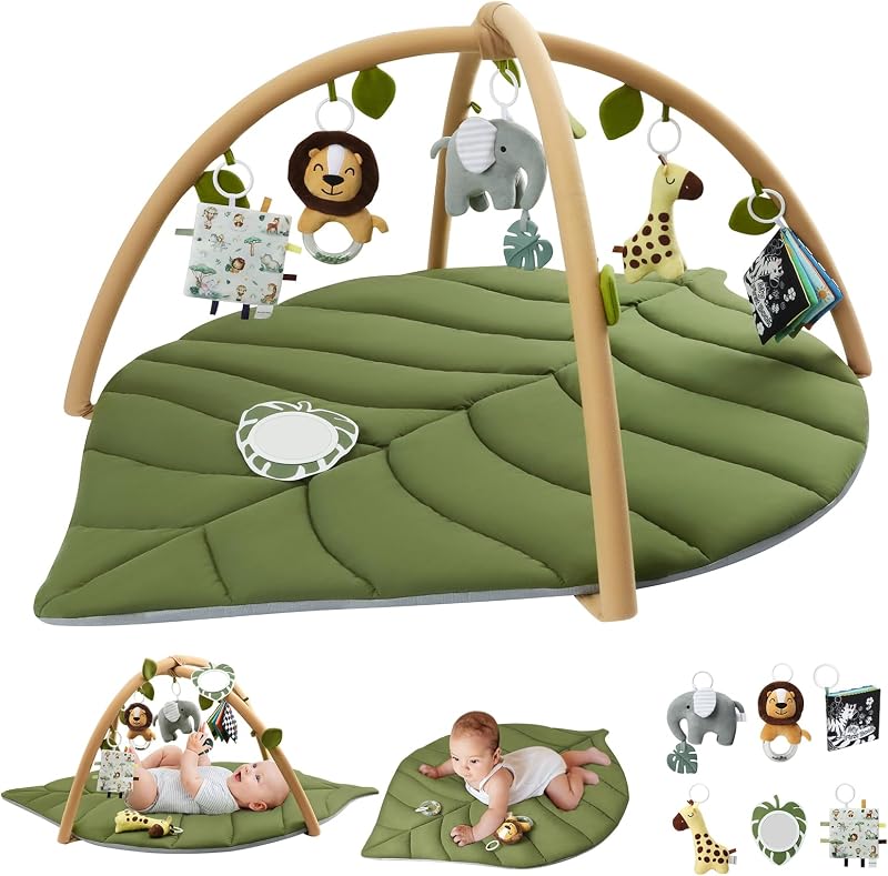 Blissful Diary Spielbogen Baby, Übergroßes Blattförmiges Spieldecke Baby Gym Activity Decke mit 6 Abnehmbare Spielzeuge, krabbeldecke Unverzichtbare Babygeschenke, Waldgrün