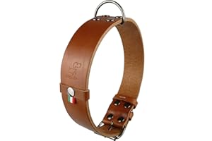 PAPUYA New Collare per Cane di Taglia Media Grande (Labrador Golden Retriver Pastore Tedesco Bulldog Amstaff Pitbull Rottweiler Cucciolo Giovane Adulto) Vera Pelle Cognac Nero (L 43-54 H 3,5 cm, Cognac)