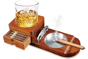 HNCY Cendrier à cigares en bois avec plateau à whisky et porte-cigares + 1 coupe-cigare, boîte à cigares avec porte-vin, pour la maison, le bureau ou le bar, anniversaire des hommes