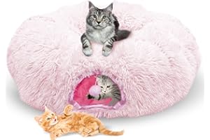 dellyy Tunnel pour Chat Rond avec Coussin Lit, Tunnel de Couchage pour Chat, avec Tapis Amovible et Boules Tremblantes, Gris Clair (Rose)