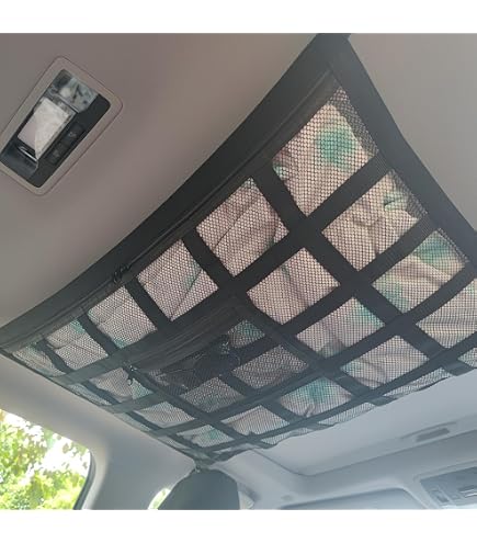 Filet à Bagages Pour Voiture 90x65cm - Avec 4 Attaches, 3 Poches Zippées, Pour Rangement Toit Intérieur
