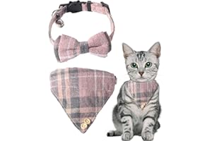 UYRVAPE 2pcs Katzenhalsbänder mit Glocken Abnehmbare Fliege Bandana, Kätzchen Halsband Katze Bandana Hundefliege, Katzenhalsband mit Glöckchen und Fliege, Rosa Kariertes Katzen halsbänder mit Schleife