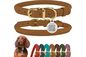 BRONZEDOG Hundehalsband aus gerolltem Leder mit QR-ID-Tag, verstellbar, weiche runde Halsbänder für kleine, mittelgroße und große Hunde, Welpen, Katzen (Hellbraun, 23-28 cm)