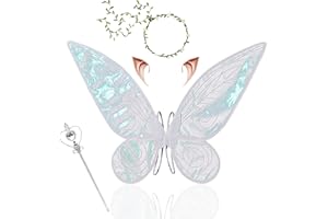 IWTBNOA Feenflügel Kinder Erwachsene, Schmetterlingsflügel für Mädchen mit Elfenohren, Blumenkranz und Zauberstab, Fairy Wings, Prinzessinnenflügel für Halloween, Ostern und Party Karneval Cosplay